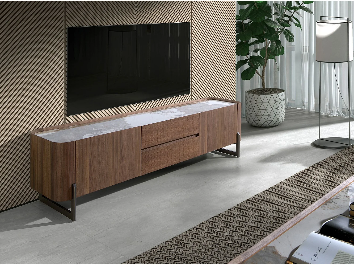 TV-meubel walnoot en donker gemetalliseerd staal met porselein marmeren blad 3250 ANGEL CERDA