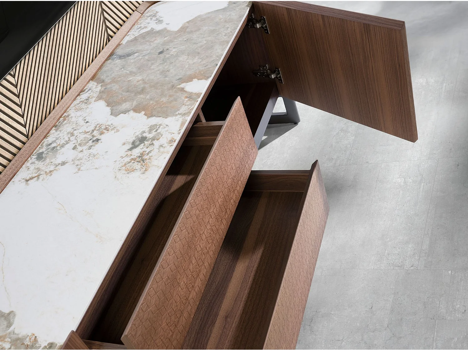 TV-meubel walnoot en donker gemetalliseerd staal met porselein marmeren blad 3250 ANGEL CERDA