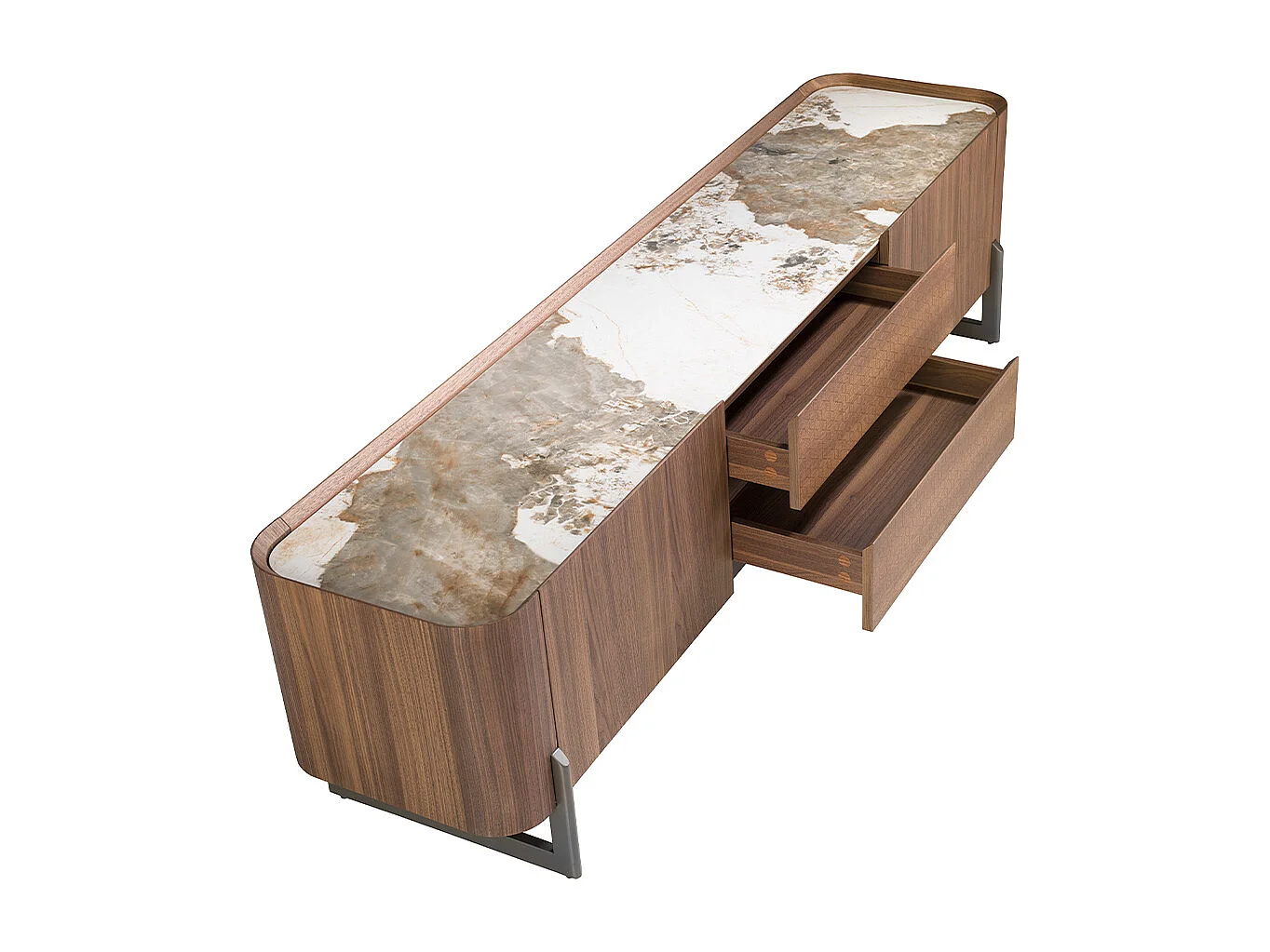 TV-meubel walnoot en donker gemetalliseerd staal met porselein marmeren blad 3250 ANGEL CERDA