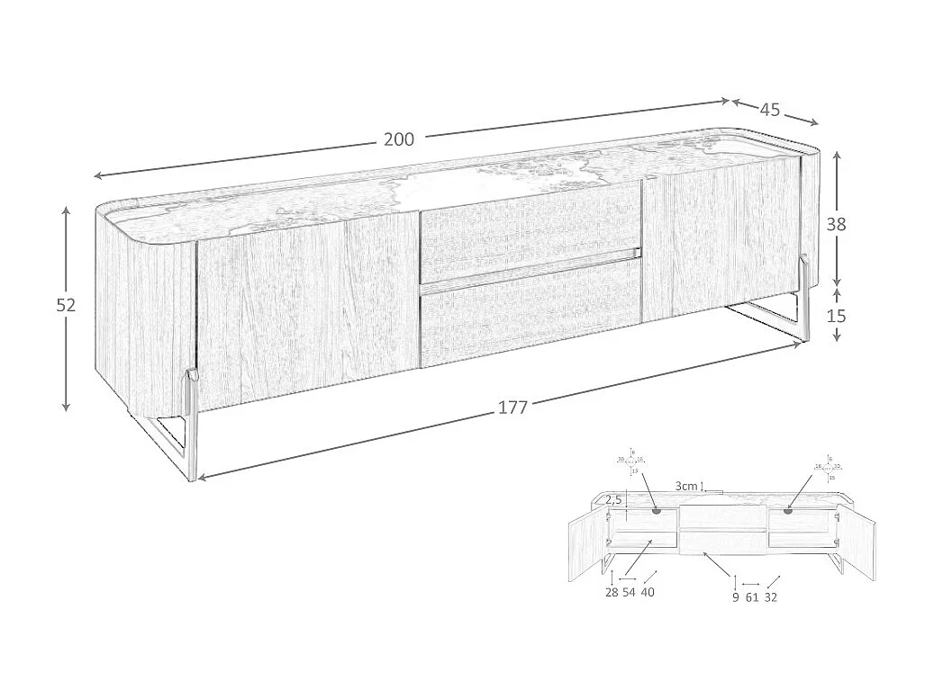 TV-meubel walnoot en donker gemetalliseerd staal met porselein marmeren blad 3250 ANGEL CERDA