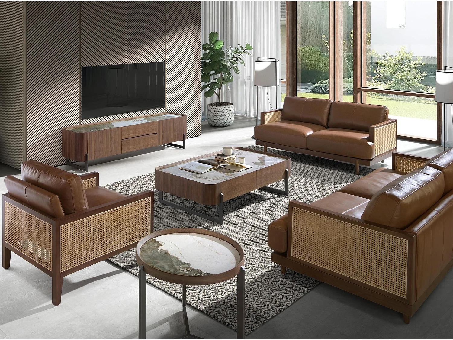Walnut and dark metallised steel TV cabinet with porcelain marble top 3250 ANGEL CERDA