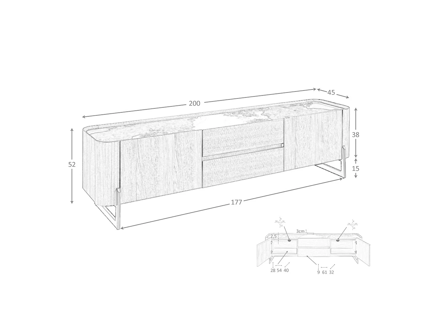 Walnut and dark metallised steel TV cabinet with porcelain marble top 3250 ANGEL CERDA