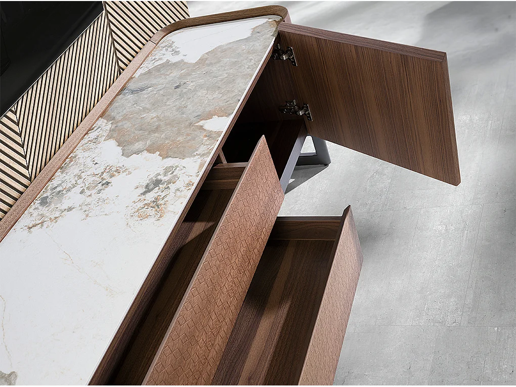 Walnut and dark metallised steel TV cabinet with porcelain marble top 3250 ANGEL CERDA