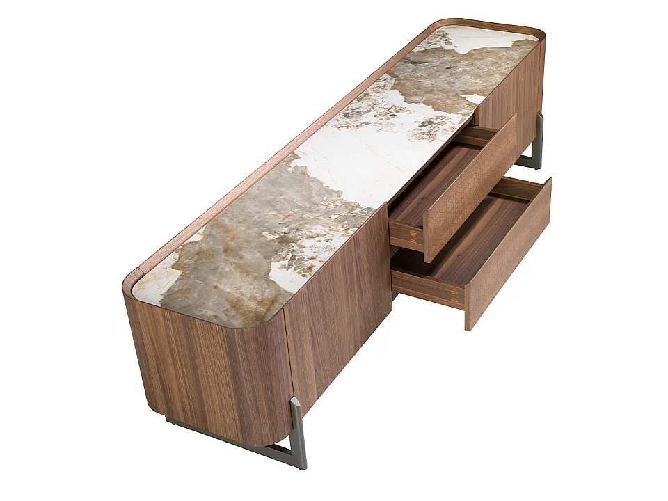 Walnut and dark metallised steel TV cabinet with porcelain marble top 3250 ANGEL CERDA