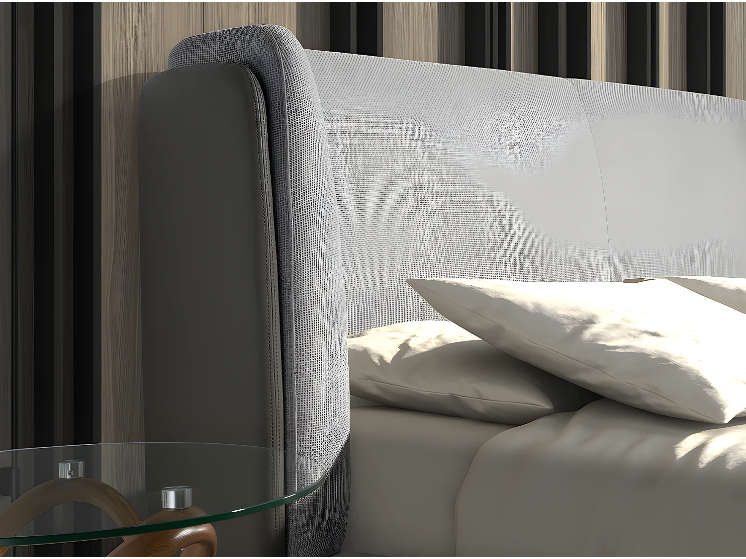 Lichtgrijs bed van stof en donkergrijs kunstleer 7156 ANGEL CERDA