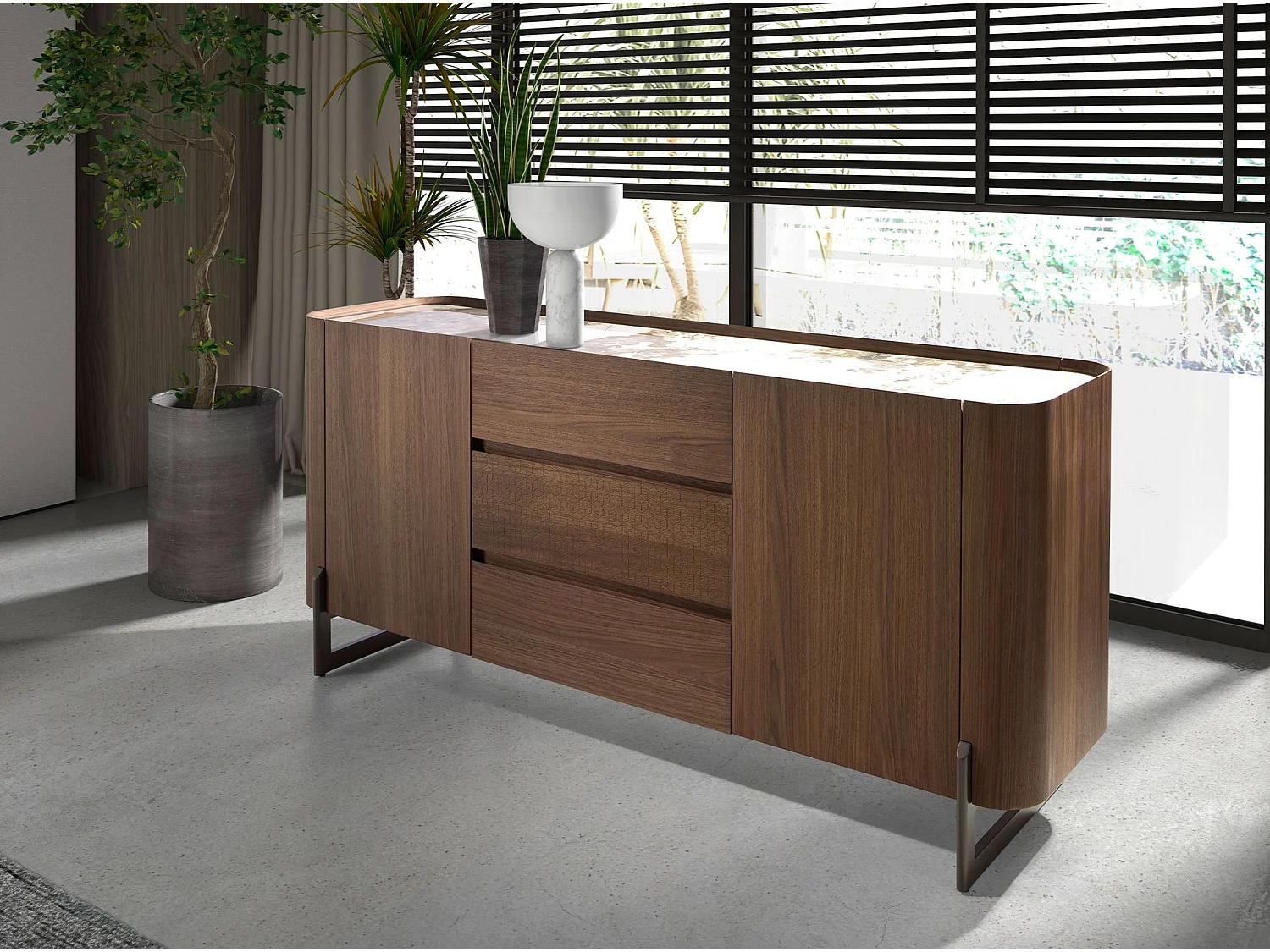 Buffet en noyer et acier métallisé foncé avec dessus en marbre de porcelaine 3252 ANGEL CERDA
