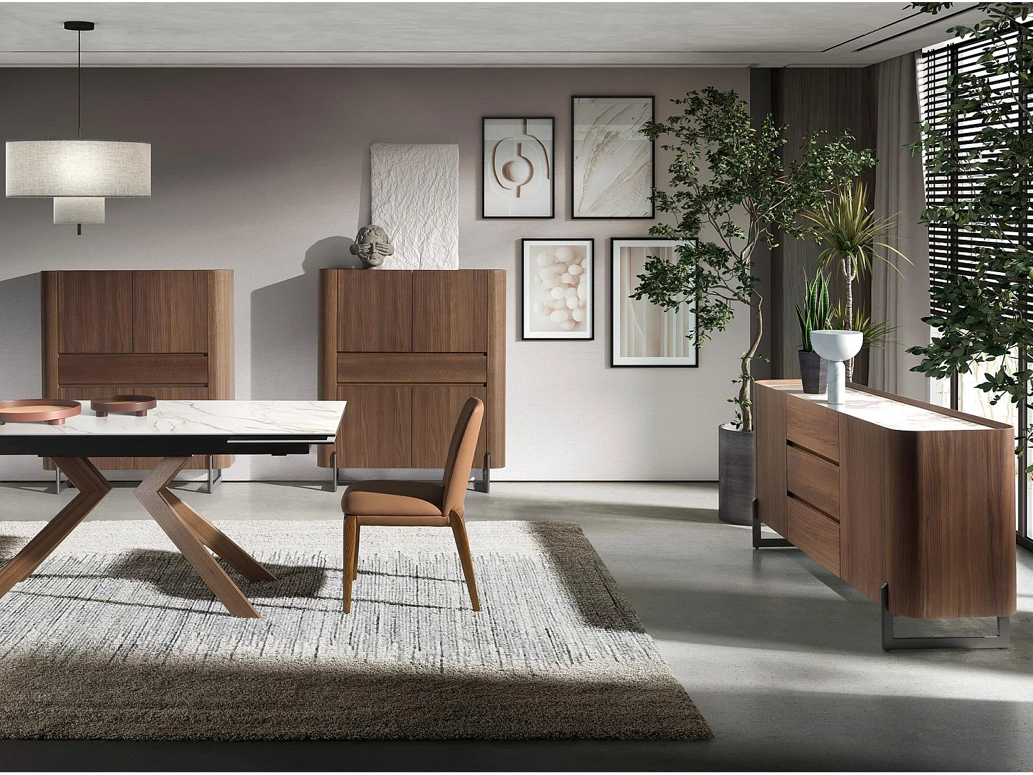 Buffet en noyer et acier métallisé foncé avec dessus en marbre de porcelaine 3252 ANGEL CERDA