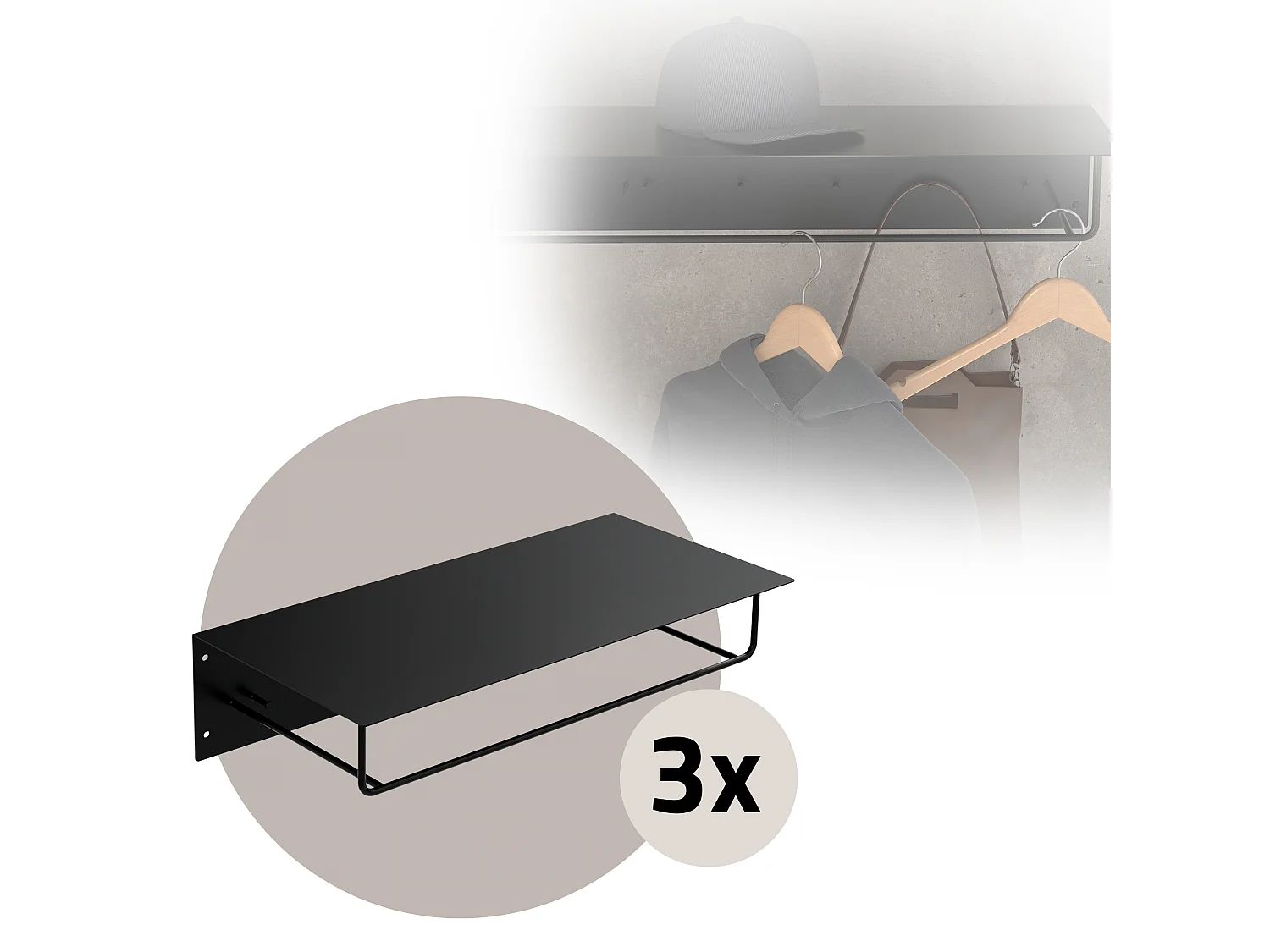 3x Appendiabiti da parete con ripiano in acciaio nero per ingresso 60x30x15 cm