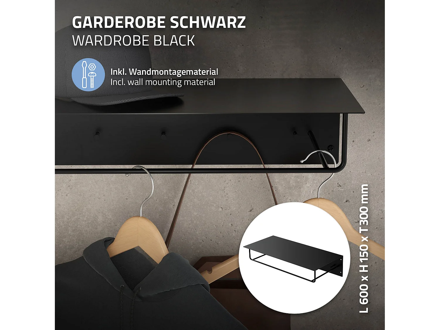 3x Appendiabiti da parete con ripiano in acciaio nero per ingresso 60x30x15 cm