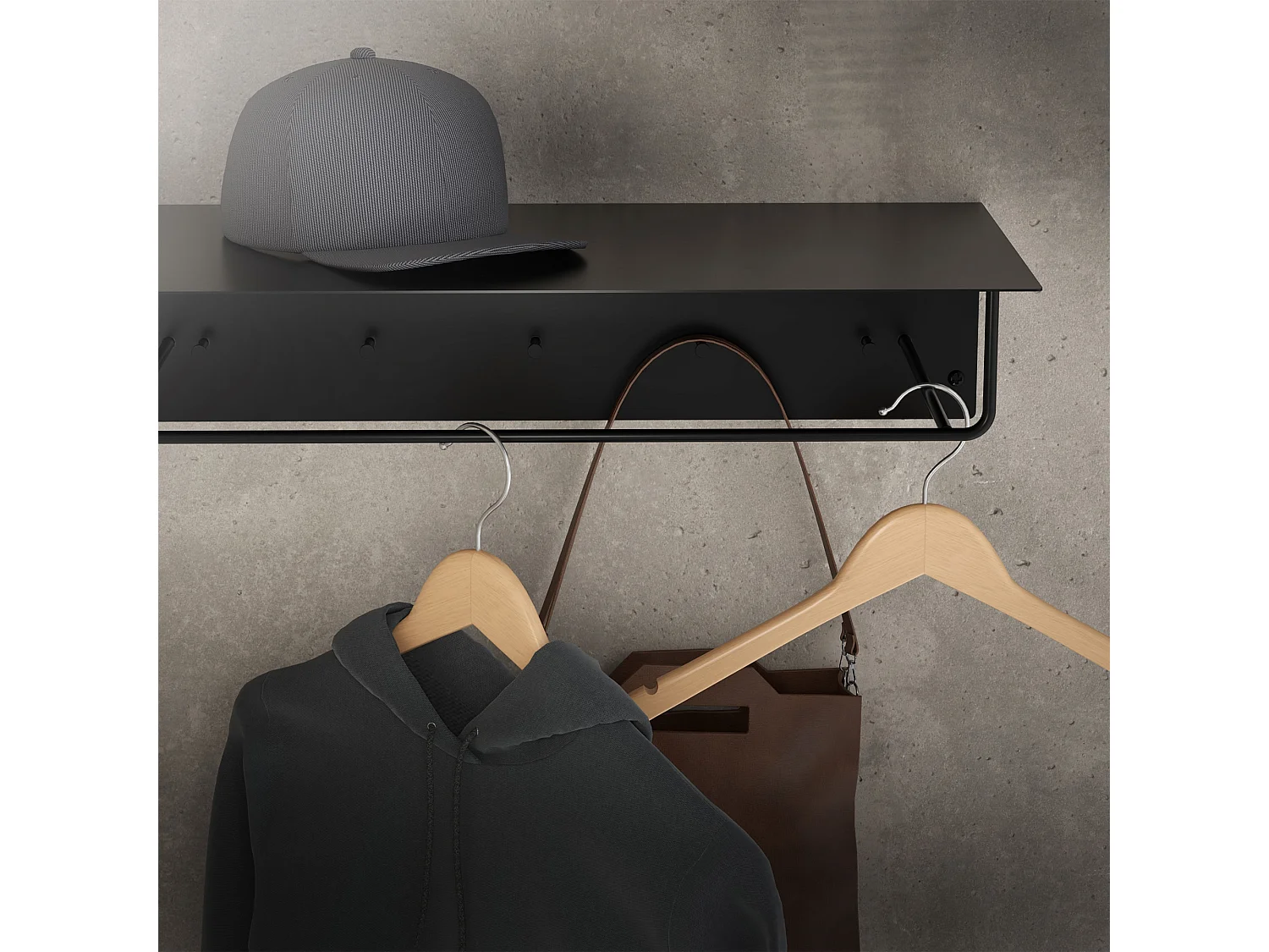 3x Appendiabiti da parete con ripiano in acciaio nero per ingresso 60x30x15 cm