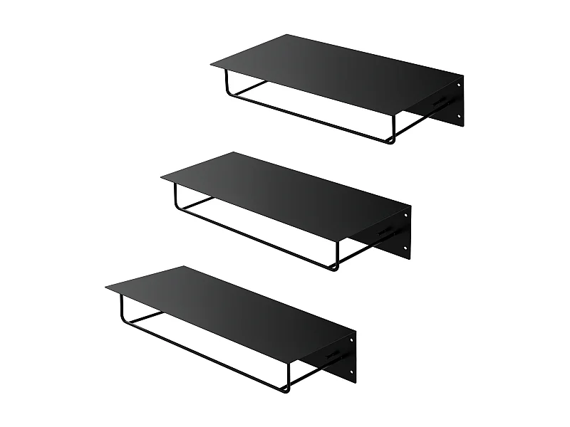 Set 3x Perchero de pared con barra de colgar y estante negro metal 60x30x15 cm