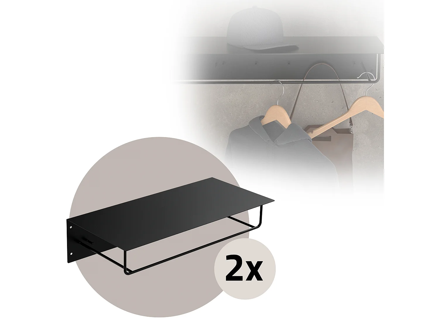 2x Appendiabiti da parete con ripiano in acciaio nero per ingresso 60x30x15 cm