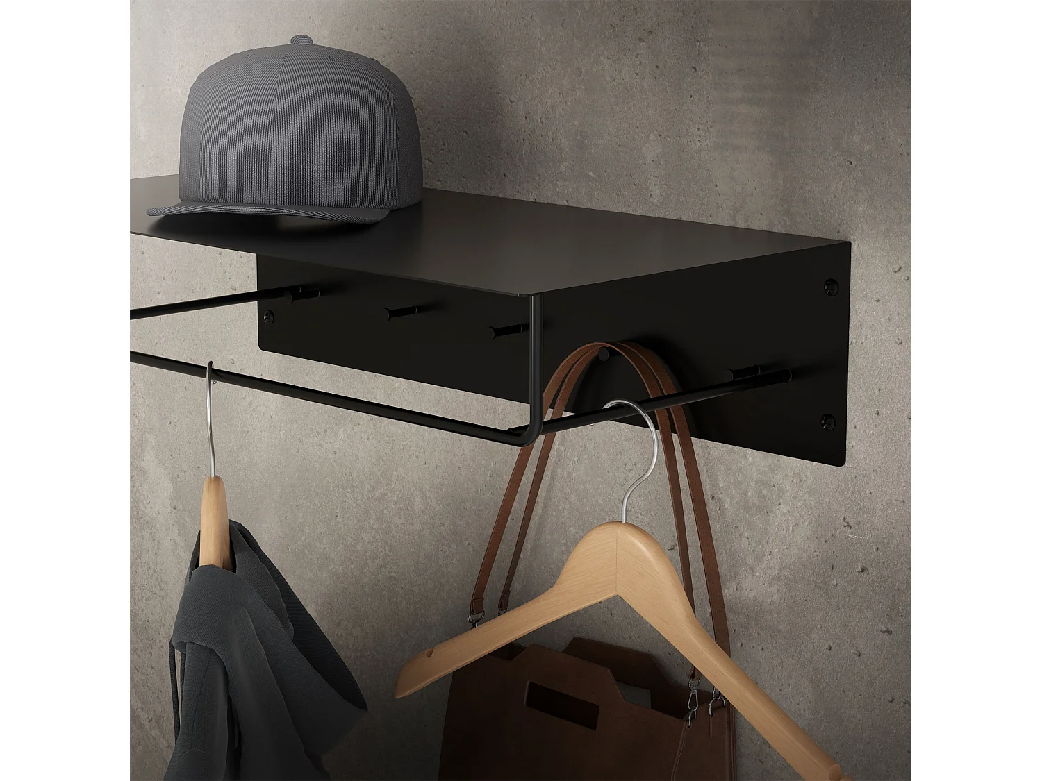 2x Appendiabiti da parete con ripiano in acciaio nero per ingresso 60x30x15 cm