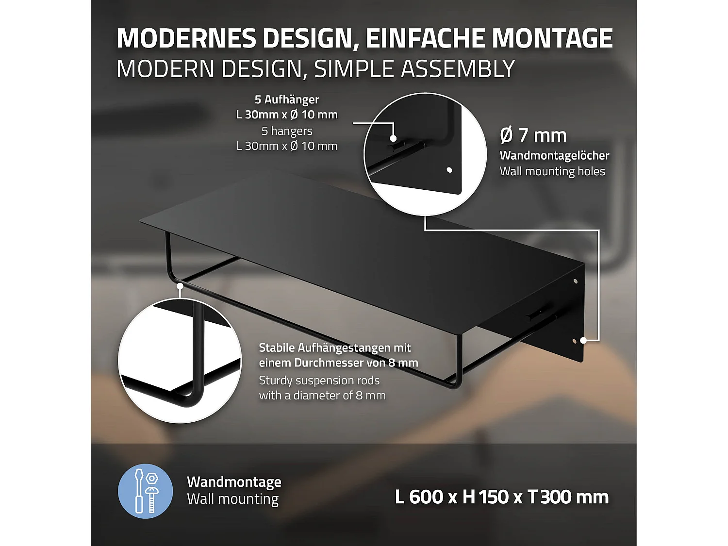 Portemanteau mural avec étagère barre de penderie porte-chapeaux en métal noir