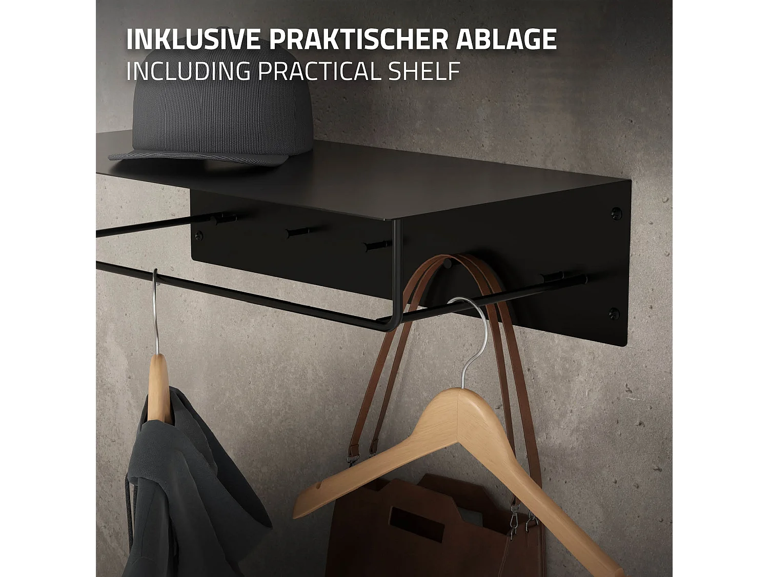 Portemanteau mural avec étagère barre de penderie porte-chapeaux en métal noir