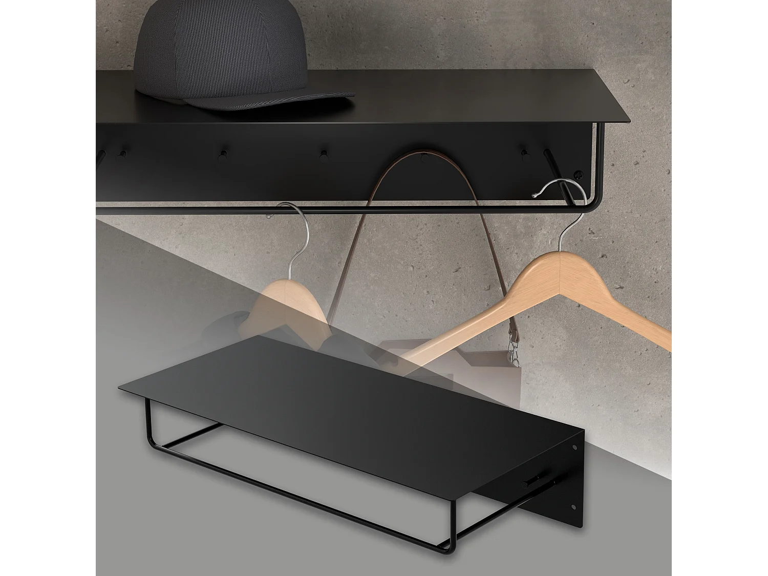 Appendiabiti da parete con ripiano in acciaio nero per ingresso 60x30x15 cm