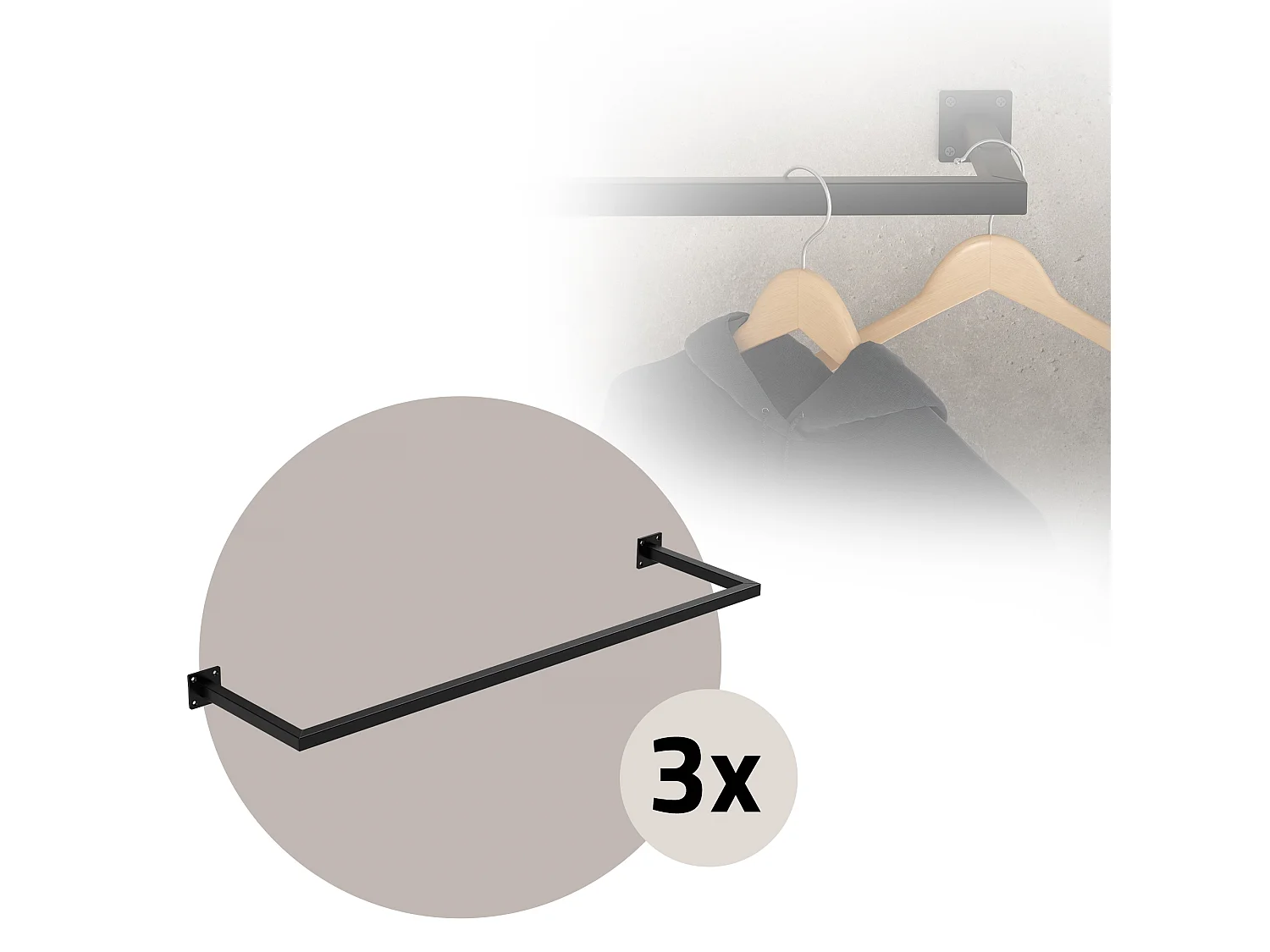 3x Perchero de pared negro para vestidor/armario barra para ropa/toalla 110x30cm