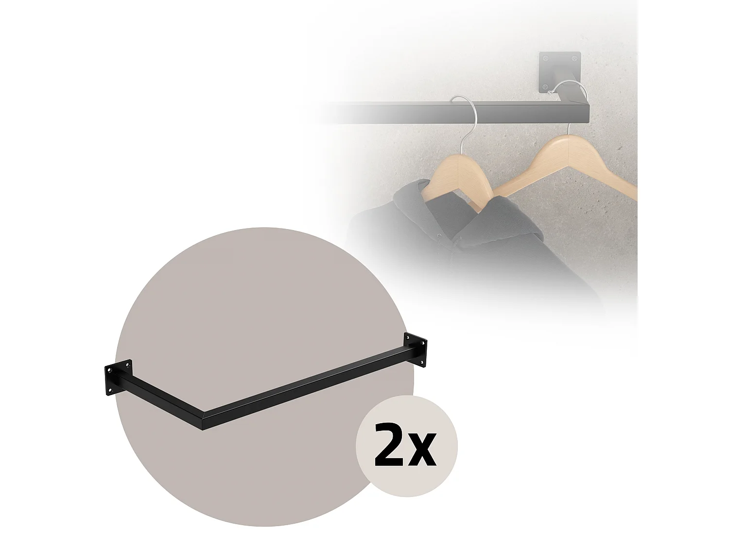 2x Percheros de pared para esquina 60 x 30 cm negro en forma de L para vestidor