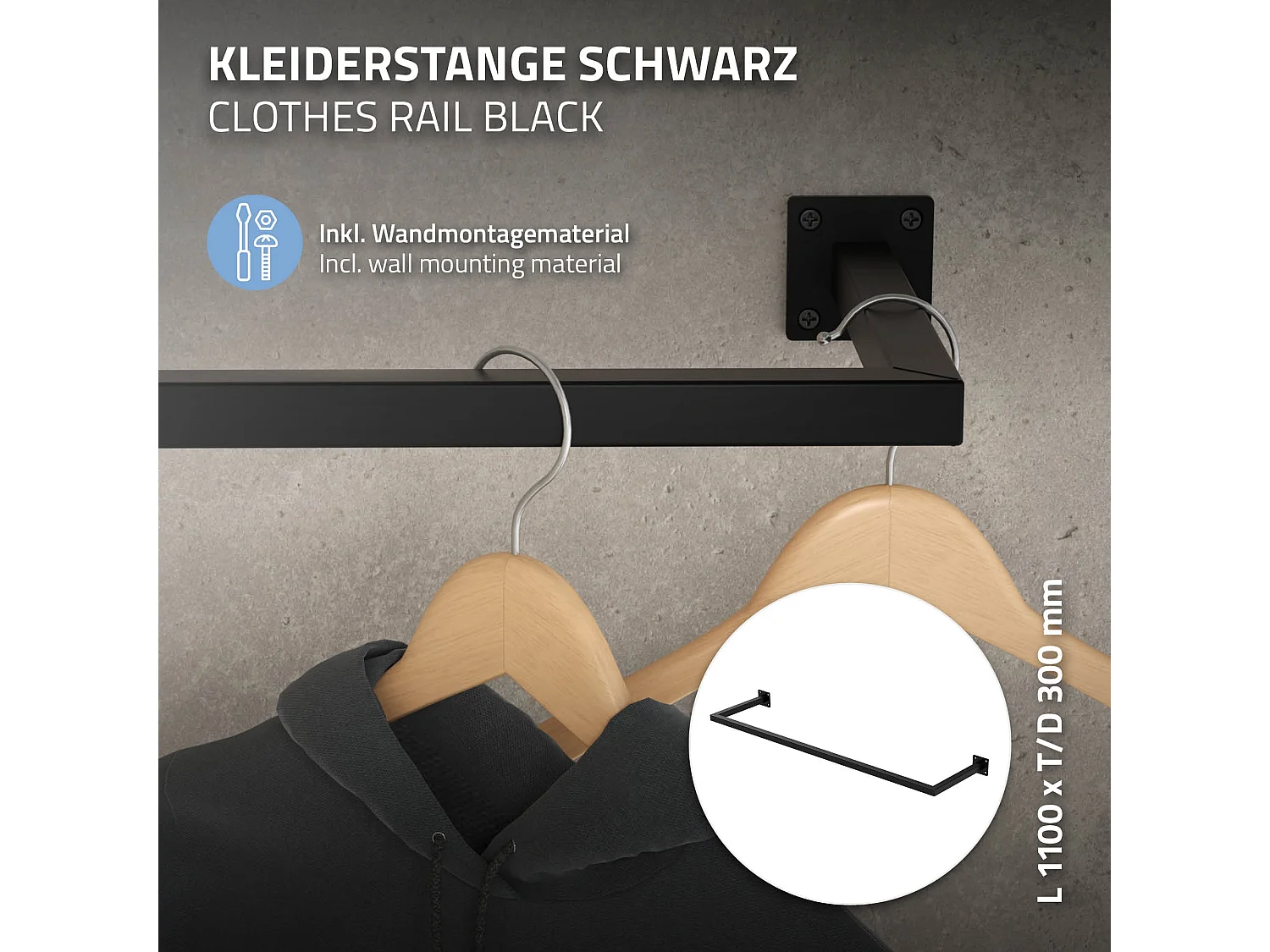 2x Perchero de pared negro para vestidor/armario barra para ropa/toalla 110x30cm