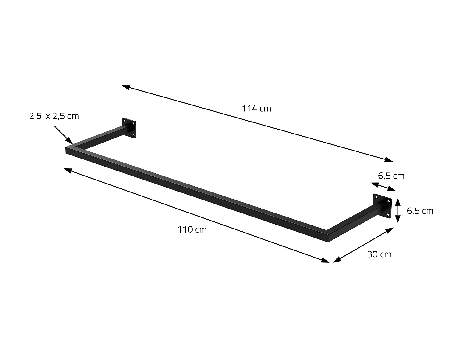 2x Perchero de pared negro para vestidor/armario barra para ropa/toalla 110x30cm