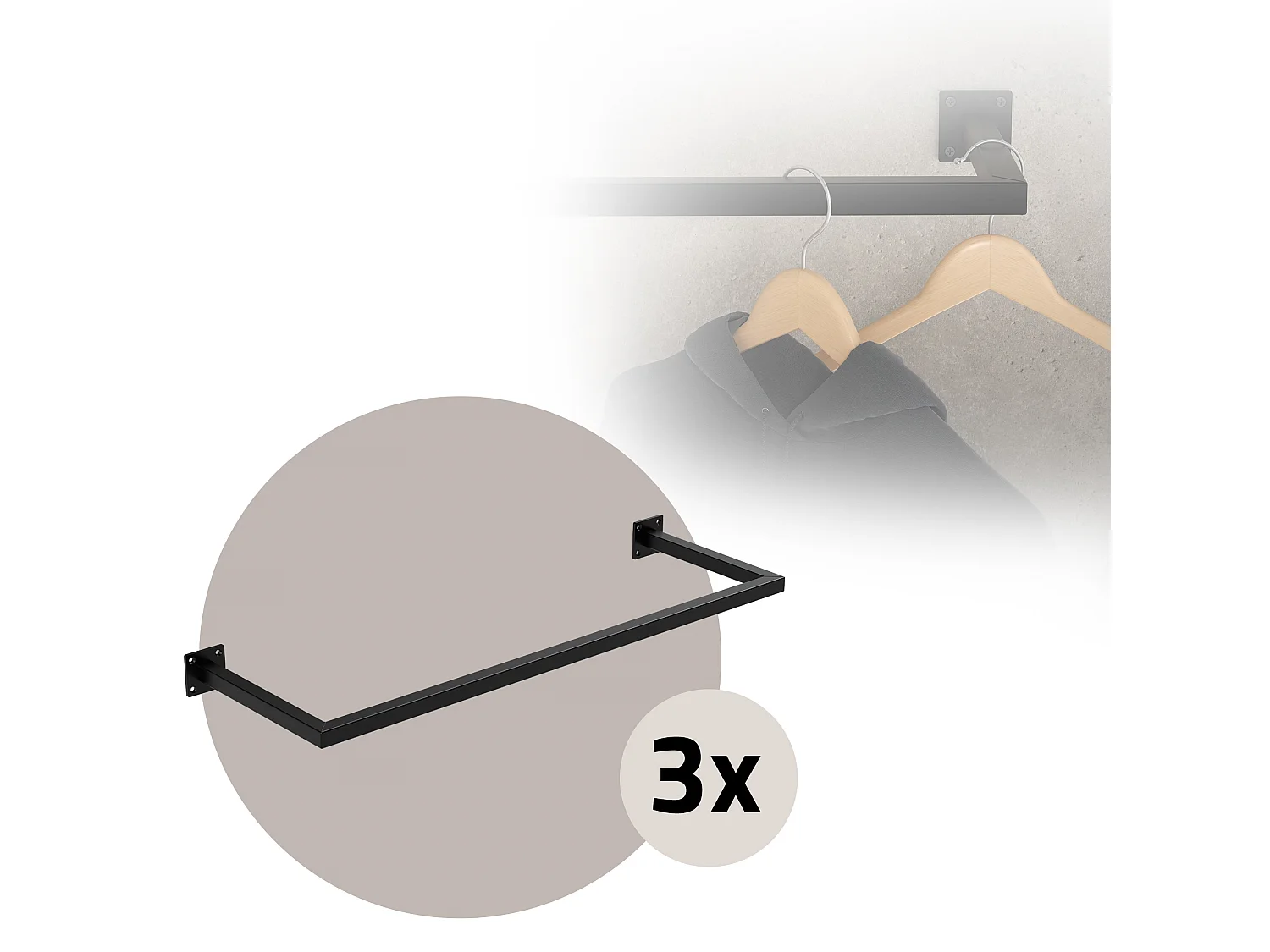 3x Perchero de pared negro para vestidor/armario barra para ropa/toallas 90x30cm