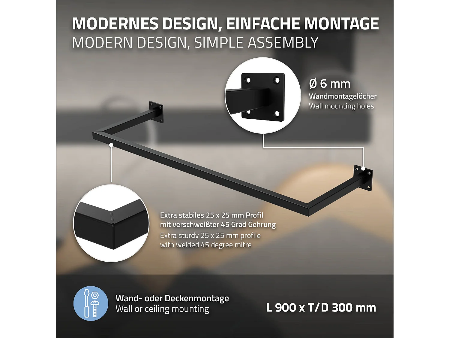 3x Perchero de pared negro para vestidor/armario barra para ropa/toallas 90x30cm