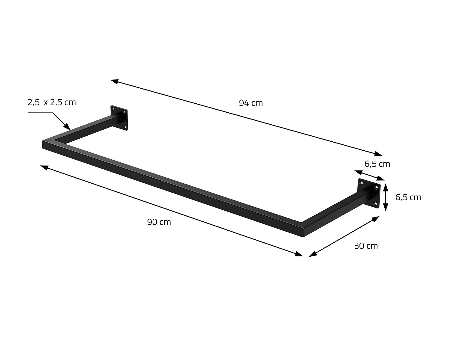 3x Perchero de pared negro para vestidor/armario barra para ropa/toallas 90x30cm