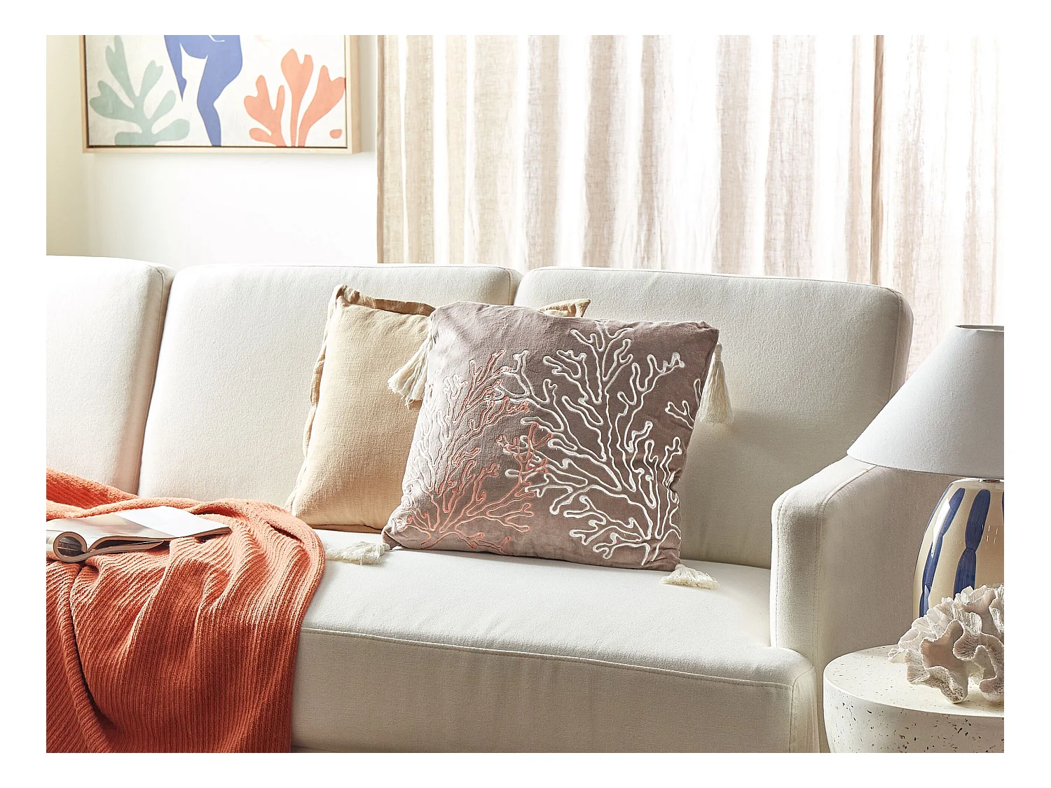 Coussin MAZZAELLA Velours 45 x 45 cm Taupe Motif de plante