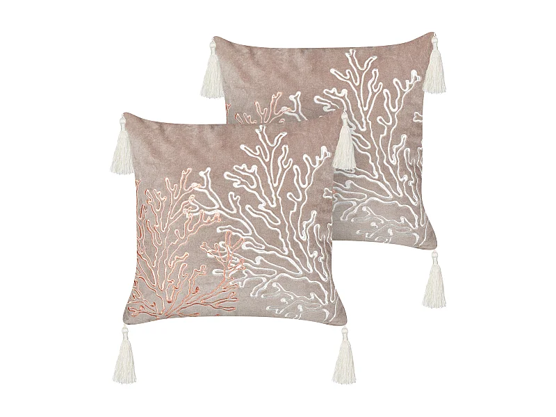 Dekokissen 2er Set mit Füllung Samt beige taupe 45x45 cm Korallenmotiv Mazzaella
