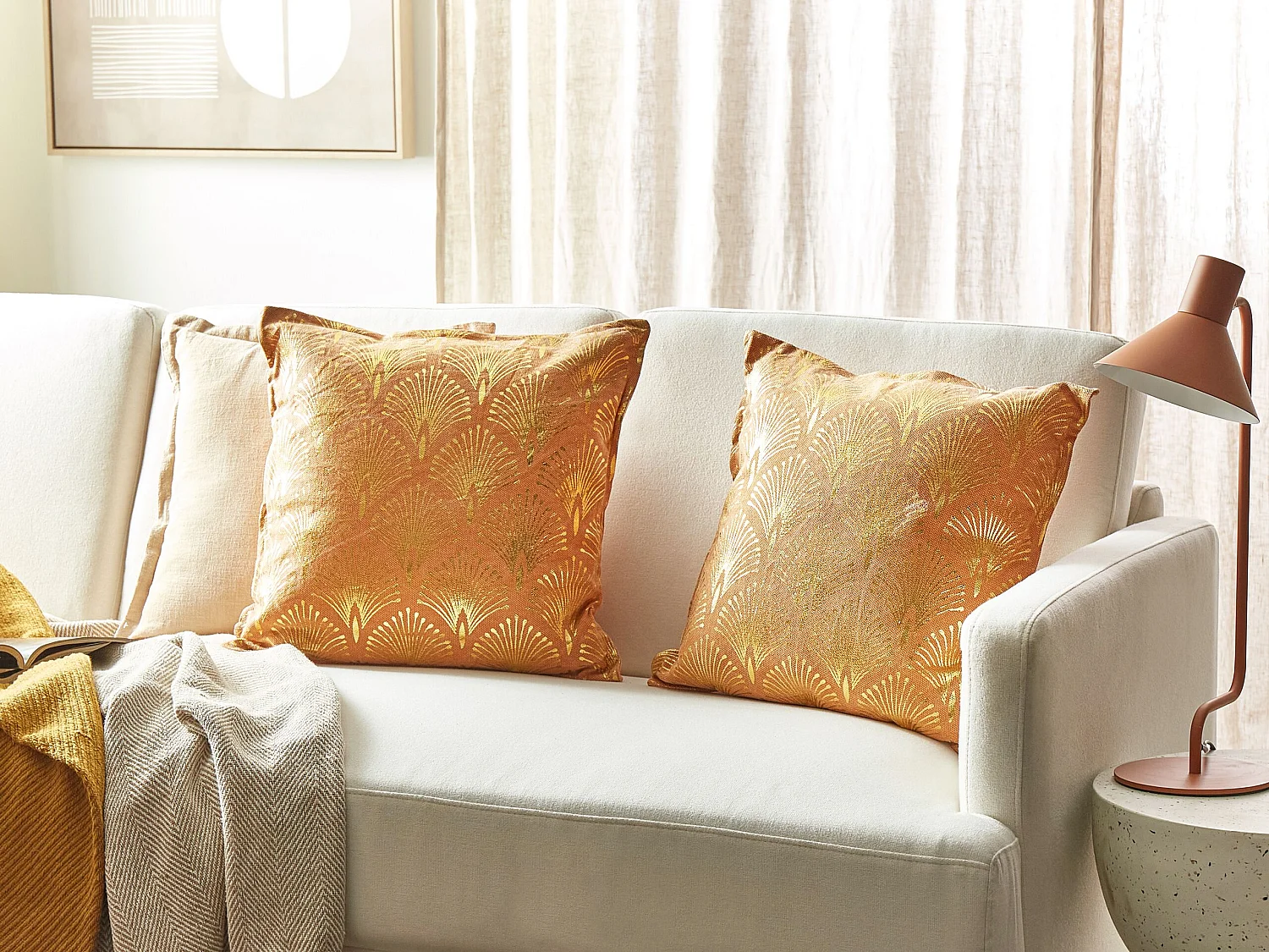 Set of 2 Decorative Cushions HOYA Cotton 45 x 45 cm Orange Geometric Pattern