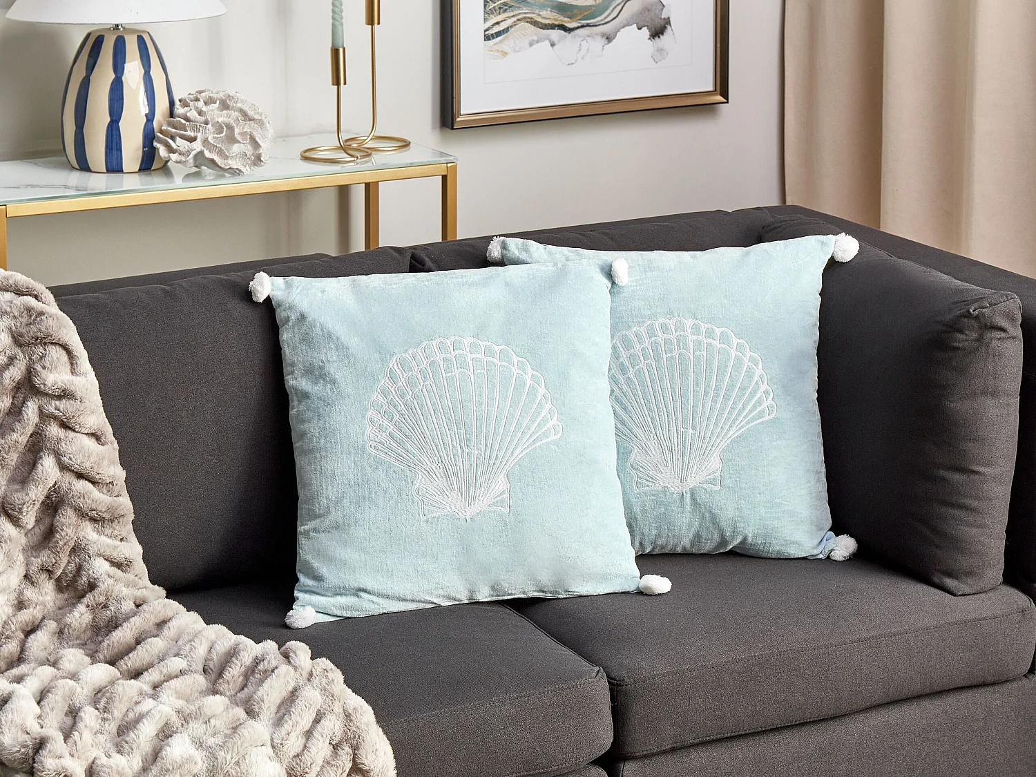 Lot de 2 coussins décoratifs LEATHESIA Velours 45 x 45 cm Bleu clair Motif abstrait