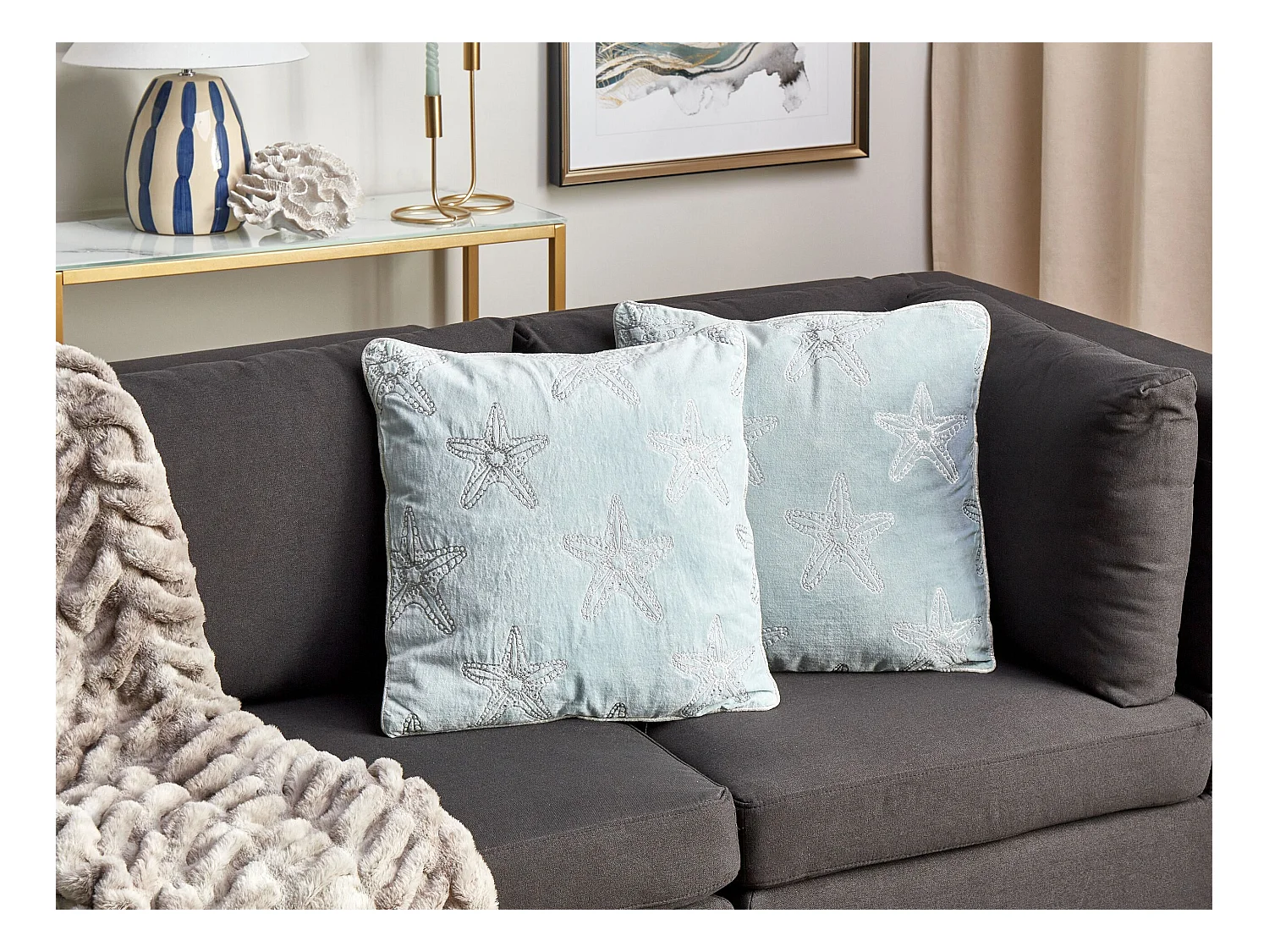 Lot de 2 coussins décoratifs CERAMIUM Velours 45 x 45 cm Bleu clair Motif floral