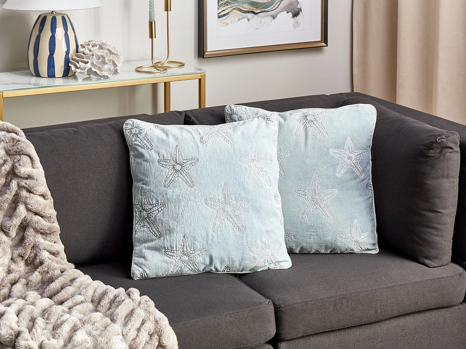 Lot de 2 coussins décoratifs CERAMIUM Velours 45 x 45 cm Bleu clair Motif floral