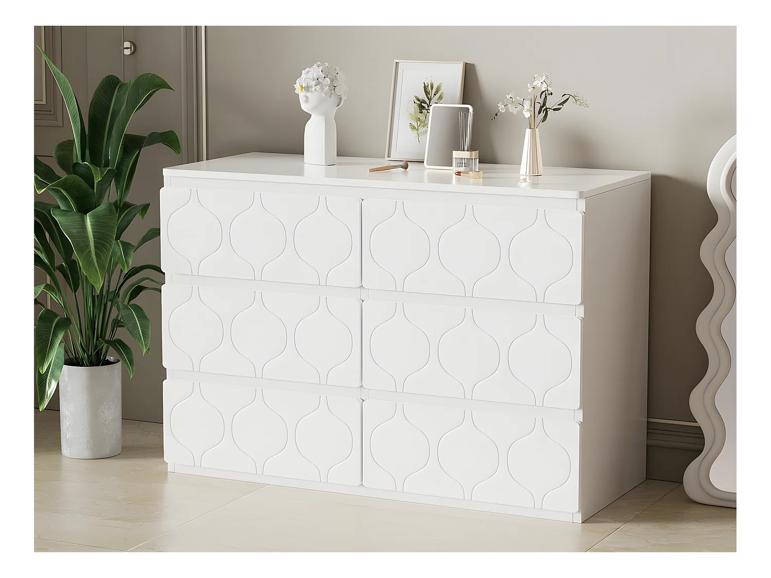 Commode moderne à motif ondulé - avec 6 tiroirs - façades laquées - Blanc