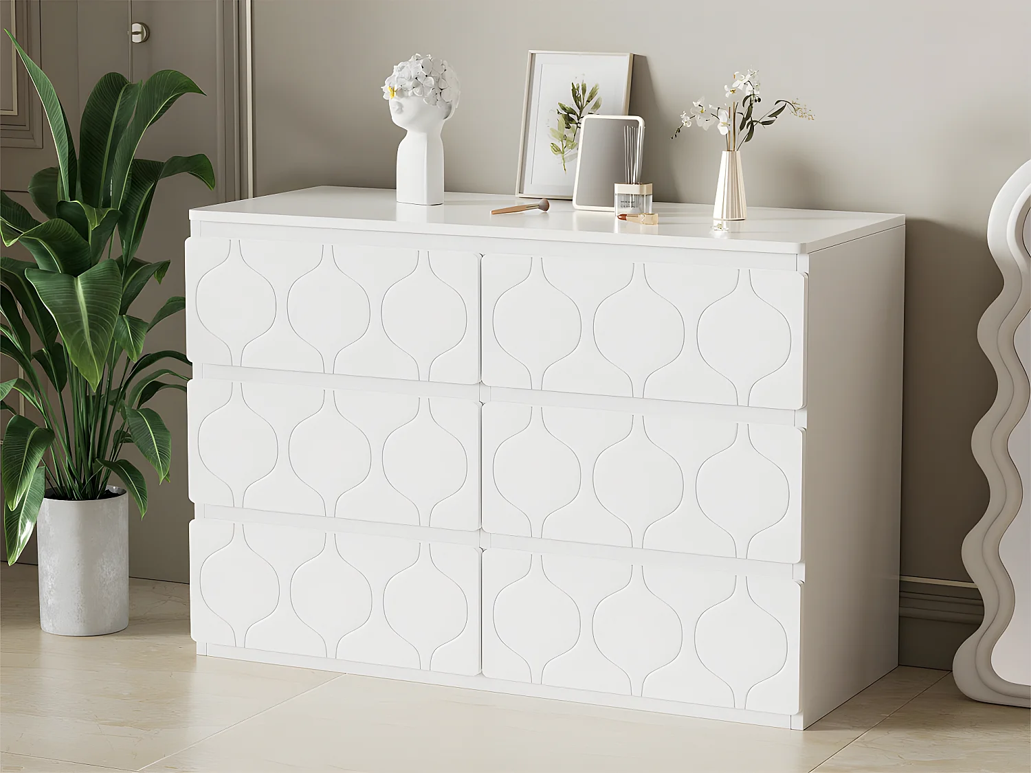Commode moderne à motif ondulé - avec 6 tiroirs - façades laquées - Blanc