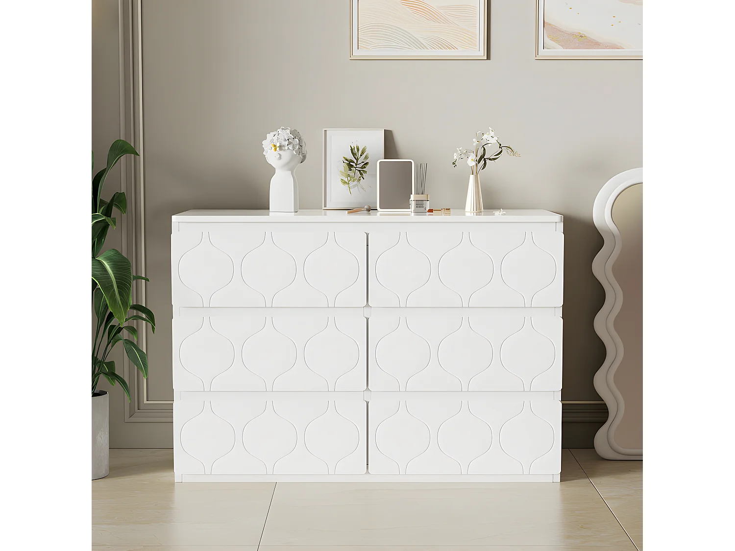 Commode moderne à motif ondulé - avec 6 tiroirs - façades laquées - Blanc