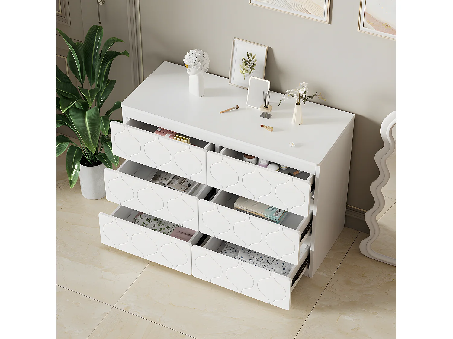 Commode moderne à motif ondulé - avec 6 tiroirs - façades laquées - Blanc