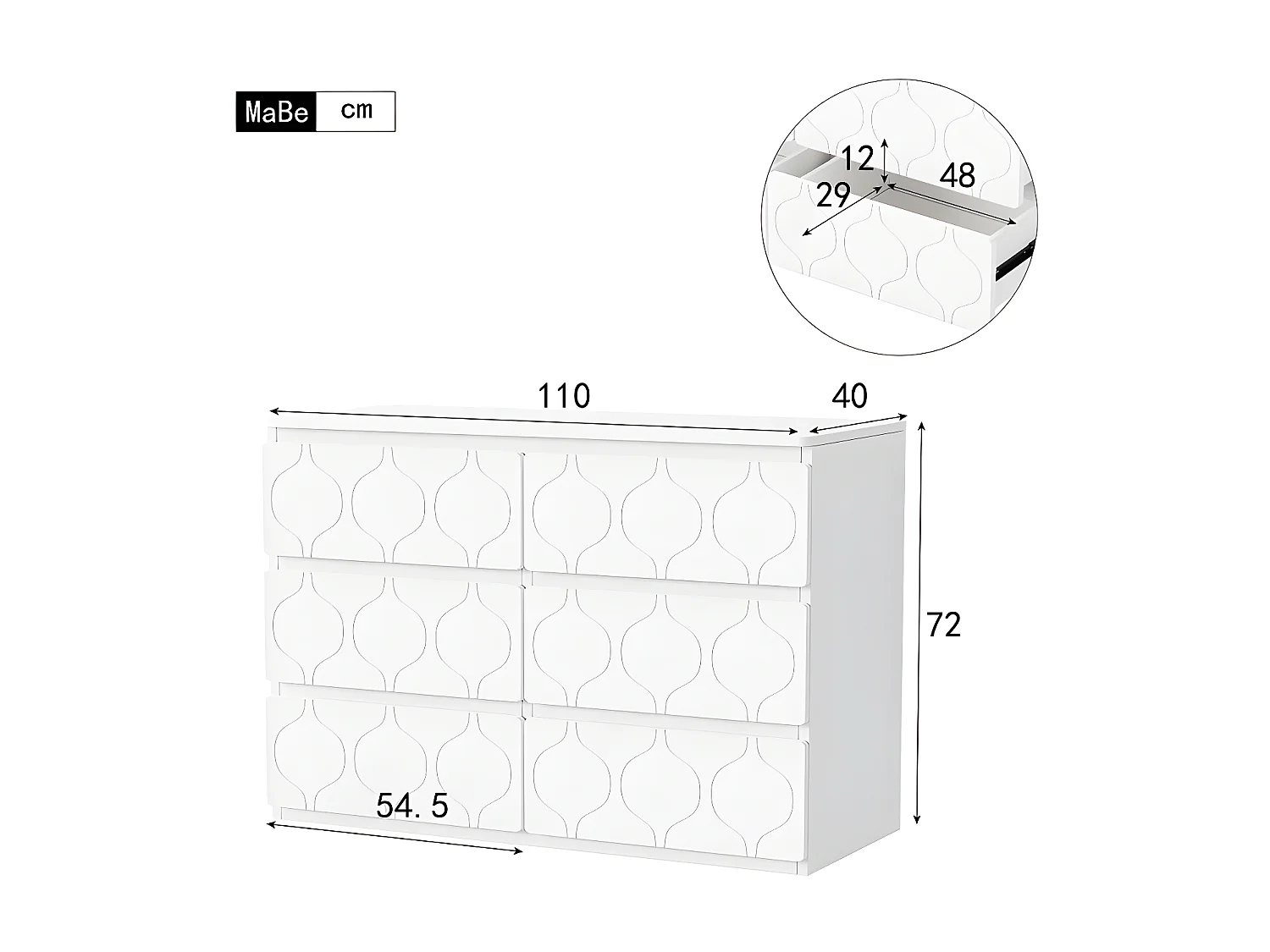 Commode moderne à motif ondulé - avec 6 tiroirs - façades laquées - Blanc