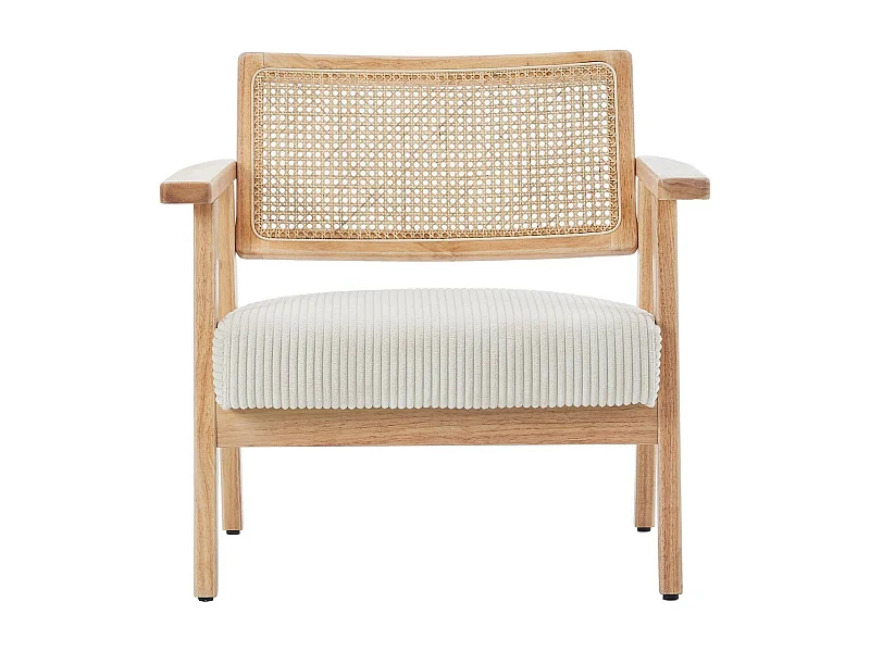 Fauteuil en velours côtelé beige et cannage naturel - Tim