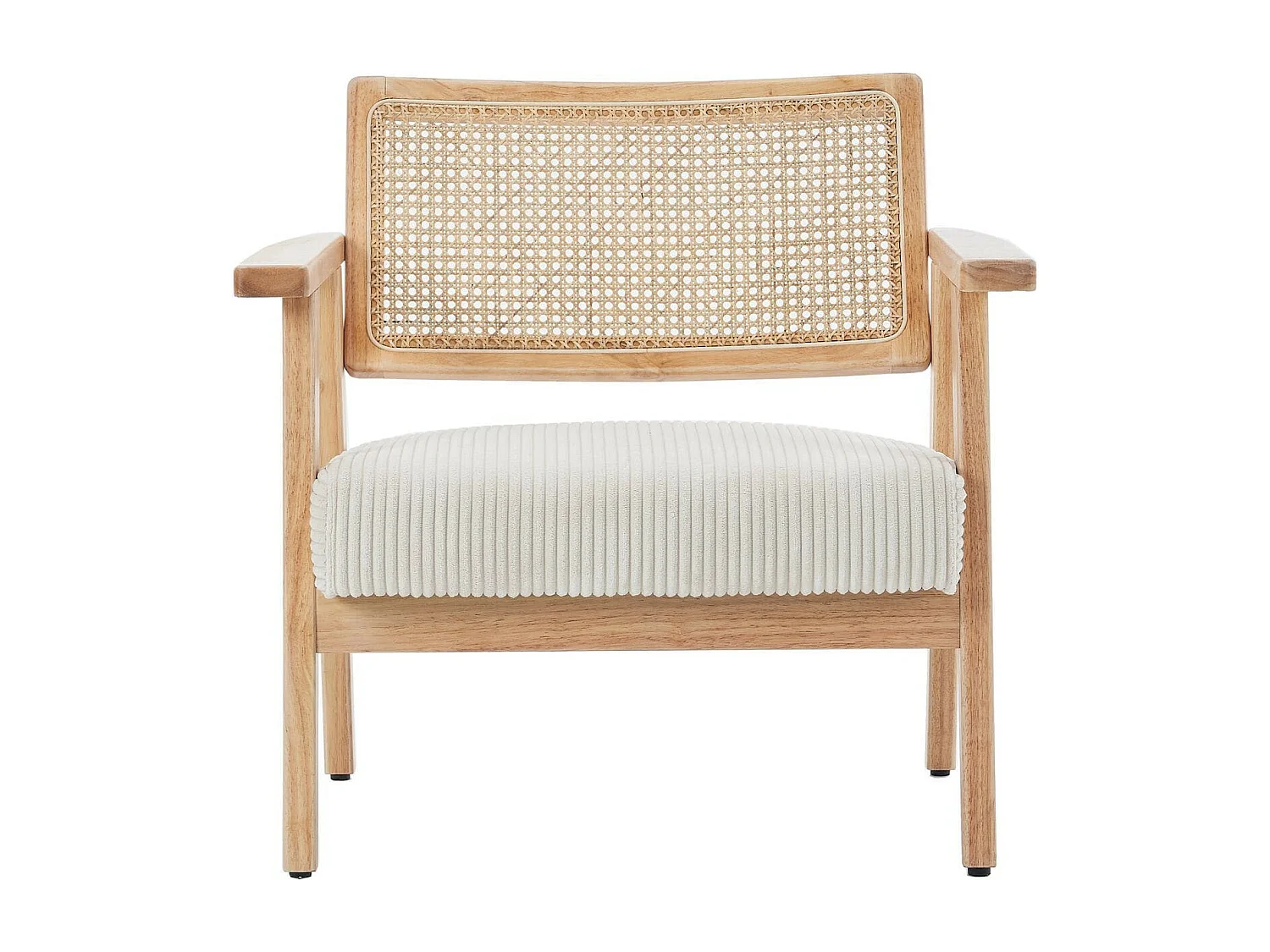 Fauteuil en velours côtelé beige et cannage naturel - Tim