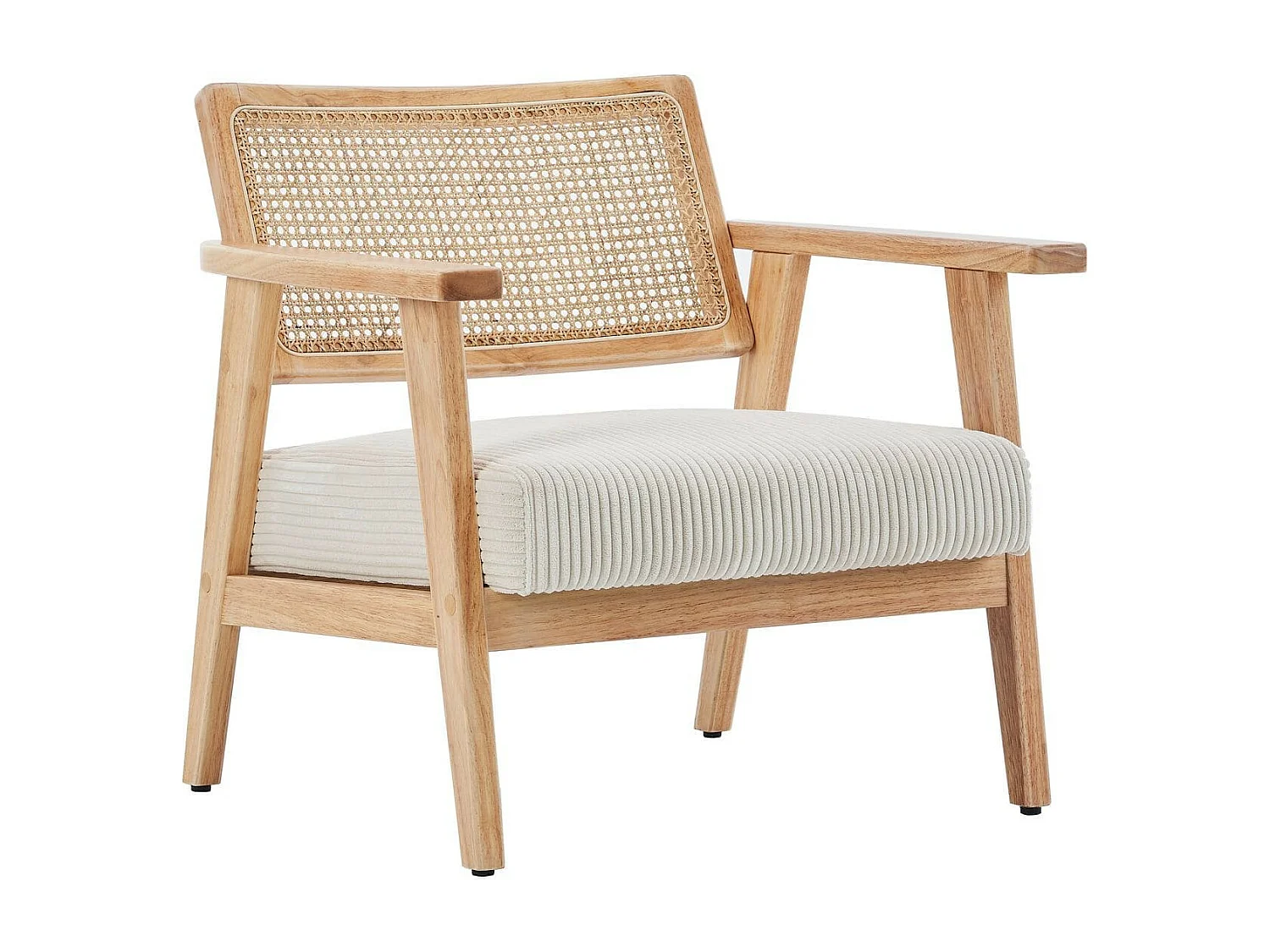 Fauteuil en velours côtelé beige et cannage naturel - Tim