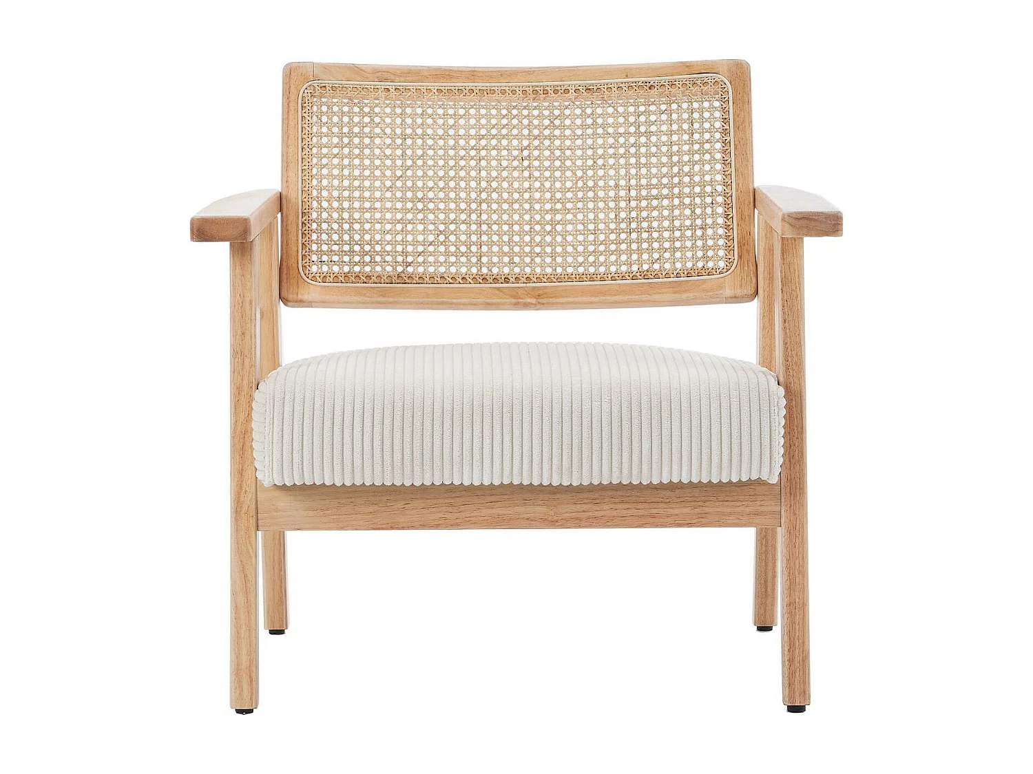 Fauteuil en velours côtelé beige et cannage naturel - Tim