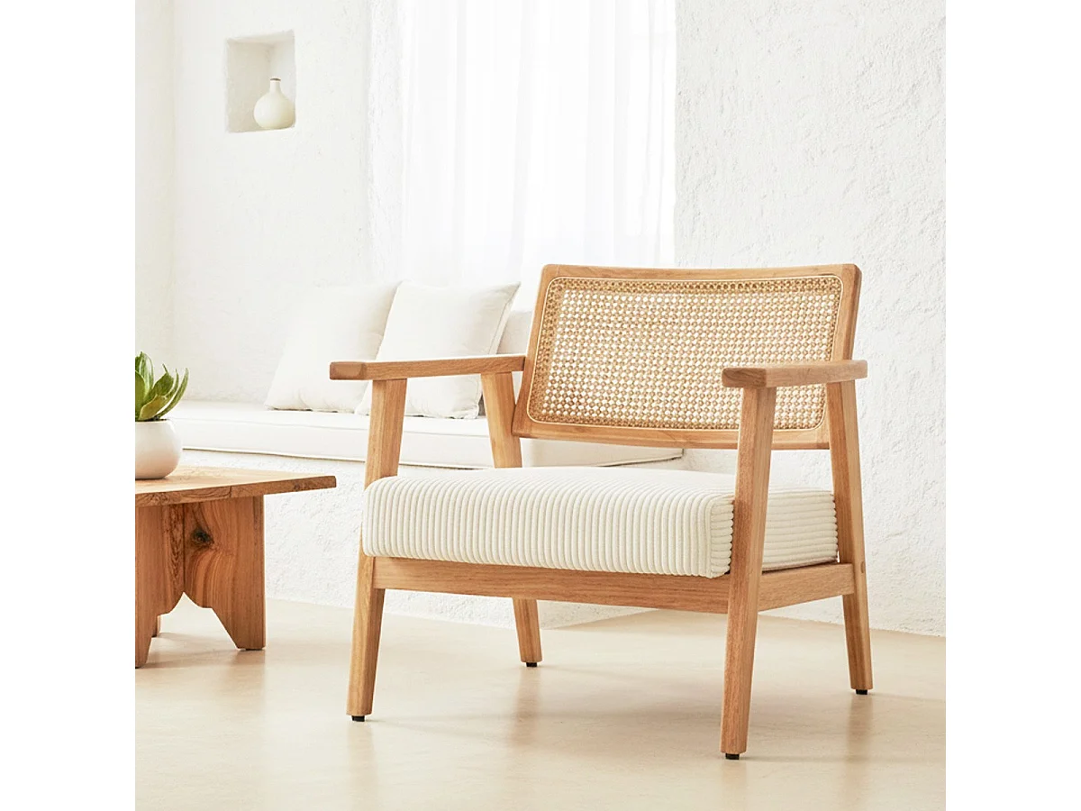 Fauteuil en velours côtelé beige et cannage naturel - Tim