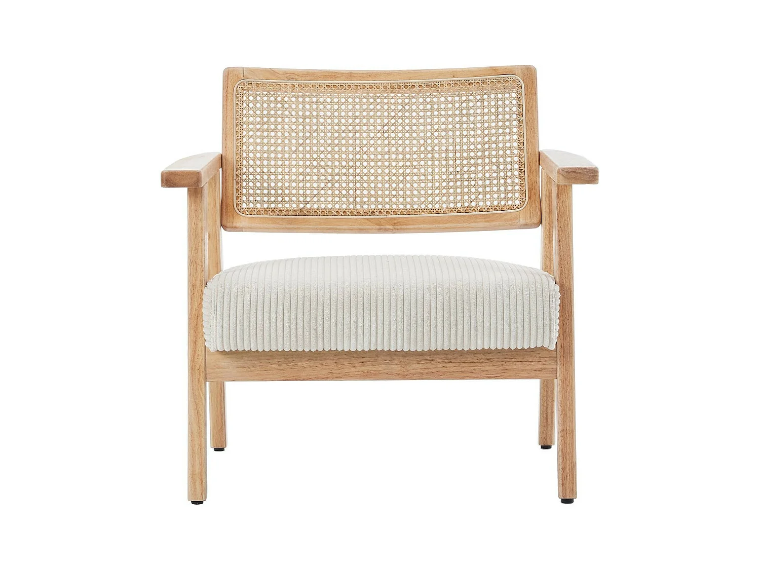 Fauteuil en velours côtelé beige et cannage naturel - Tim