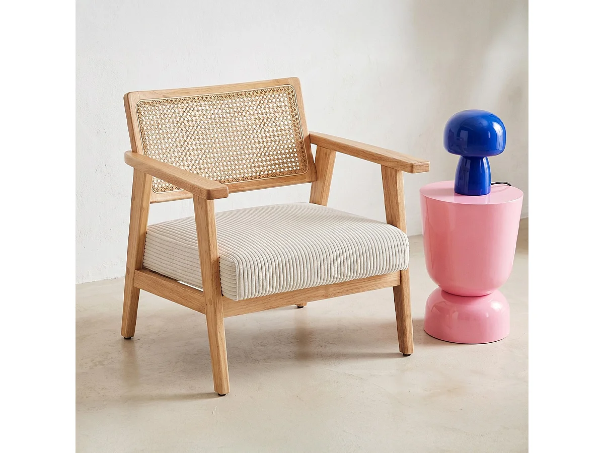 Fauteuil en velours côtelé beige et cannage naturel - Tim