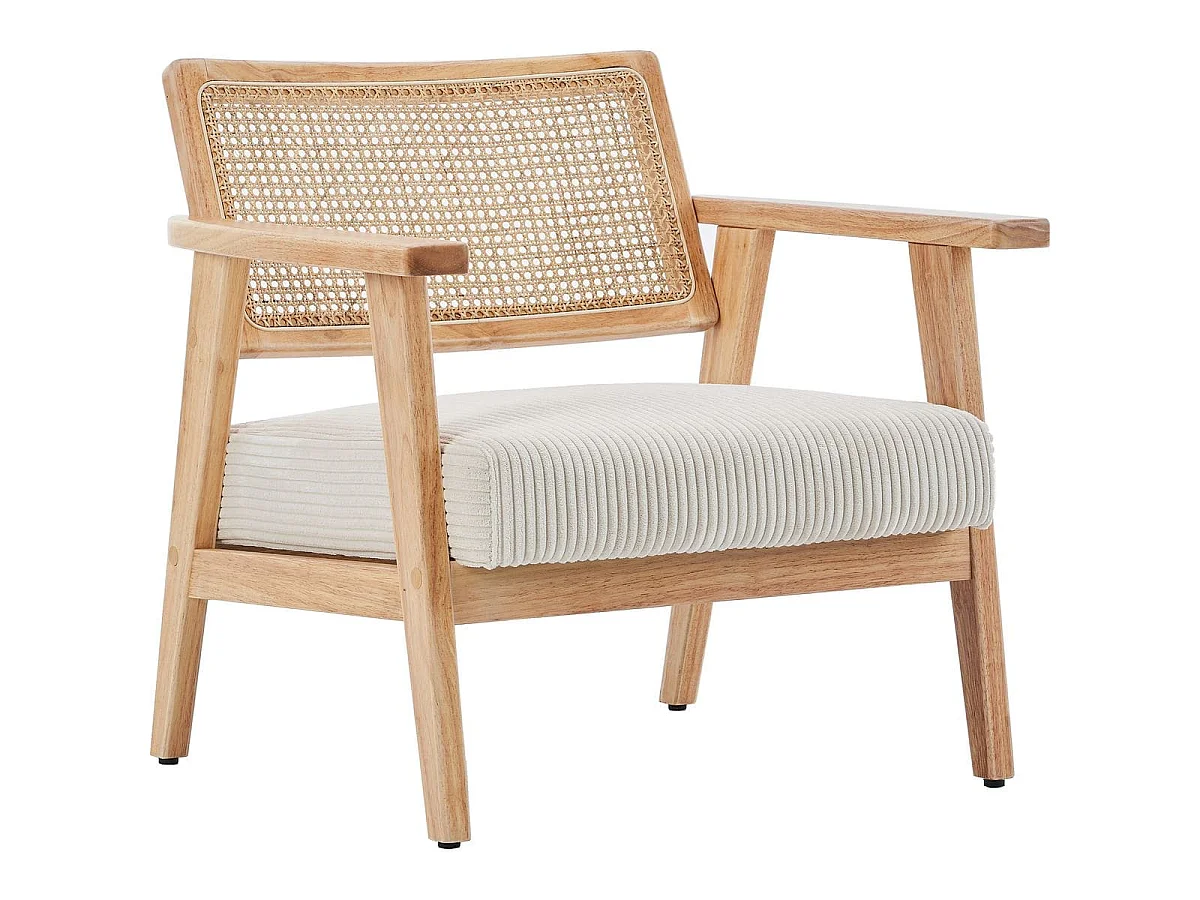 Fauteuil en velours côtelé beige et cannage naturel - Tim