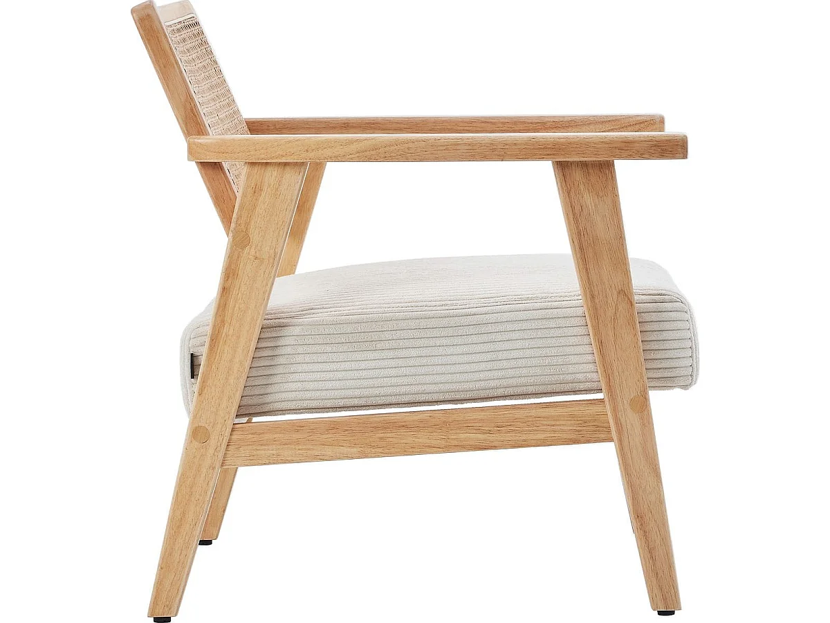 Fauteuil en velours côtelé beige et cannage naturel - Tim