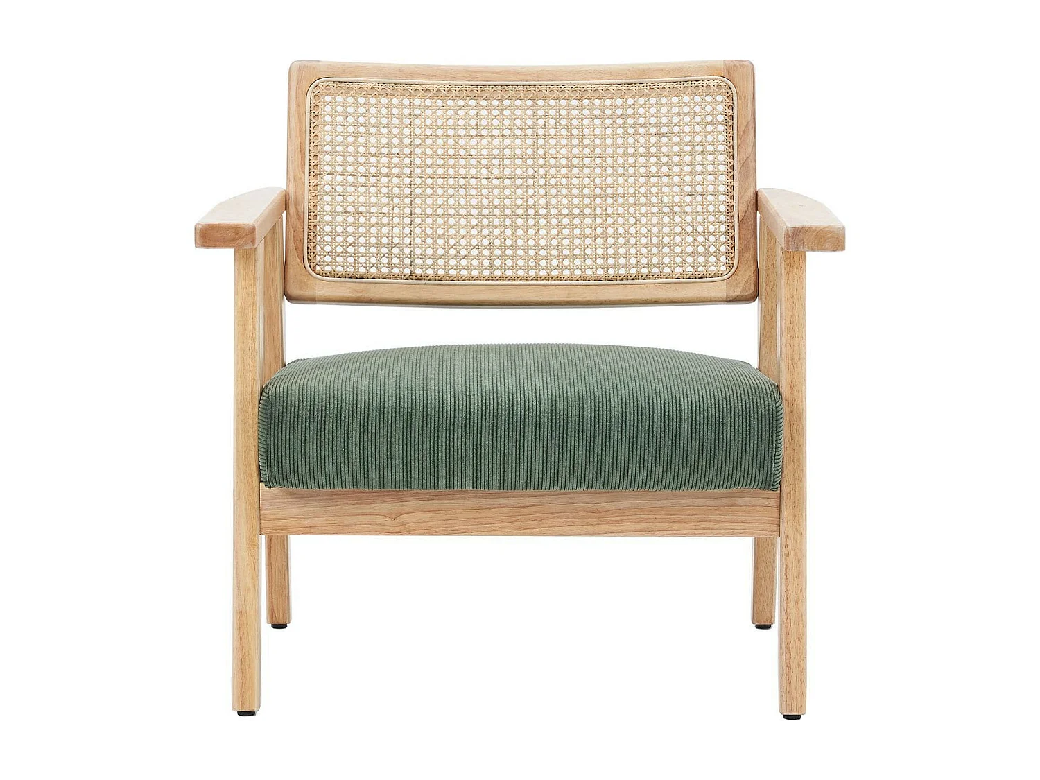 Fauteuil en velours côtelé vert et cannage naturel - Tim