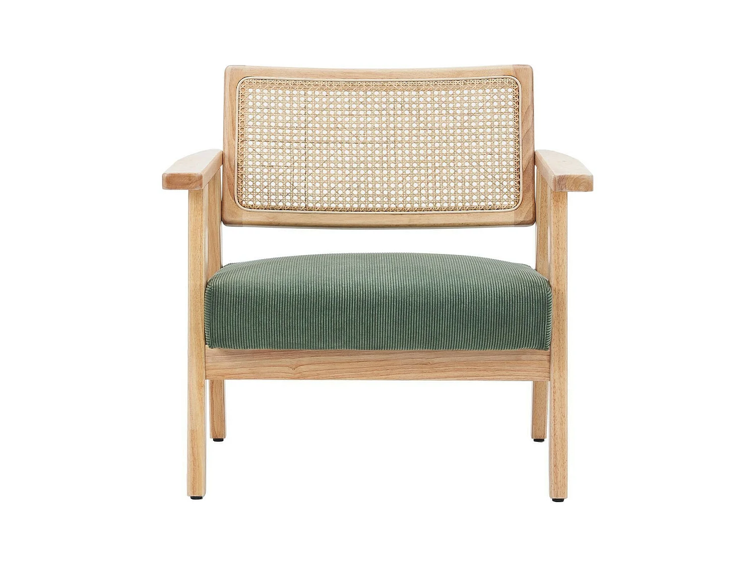 Fauteuil en velours côtelé vert et cannage naturel - Tim