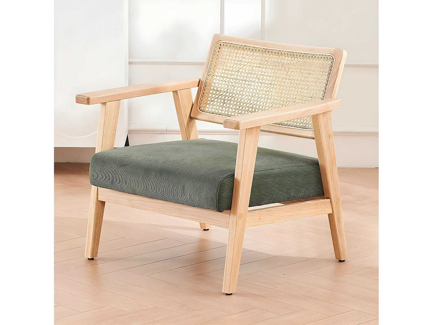 Fauteuil en velours côtelé vert et cannage naturel - Tim